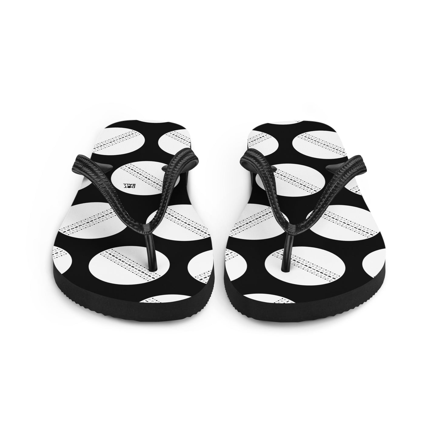 Black and white cricket ball flip flops