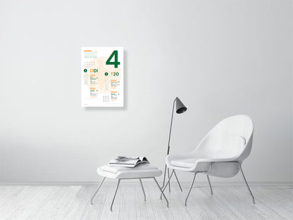 Poster detailing India Men's Cricket World Cup wins in green and orange on a white background. A Dot Ball Cricket data art print and infographic.