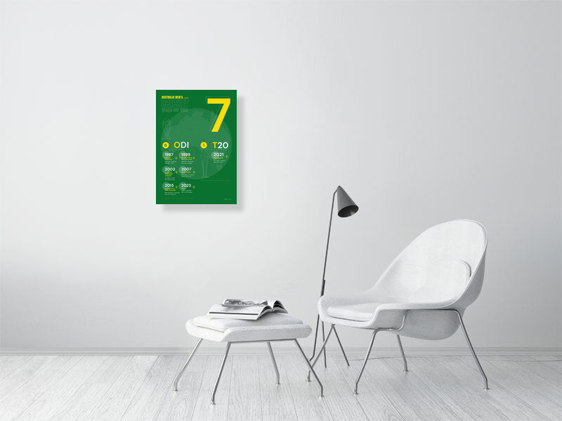 A2 poster of Australia Men's Cricket World Cup wins with a green background and yellow text. A Dot Ball Cricket data art print and infographic.