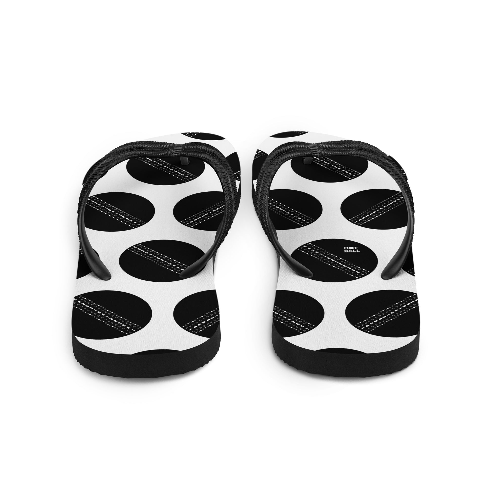Black and white cricket ball flip flops