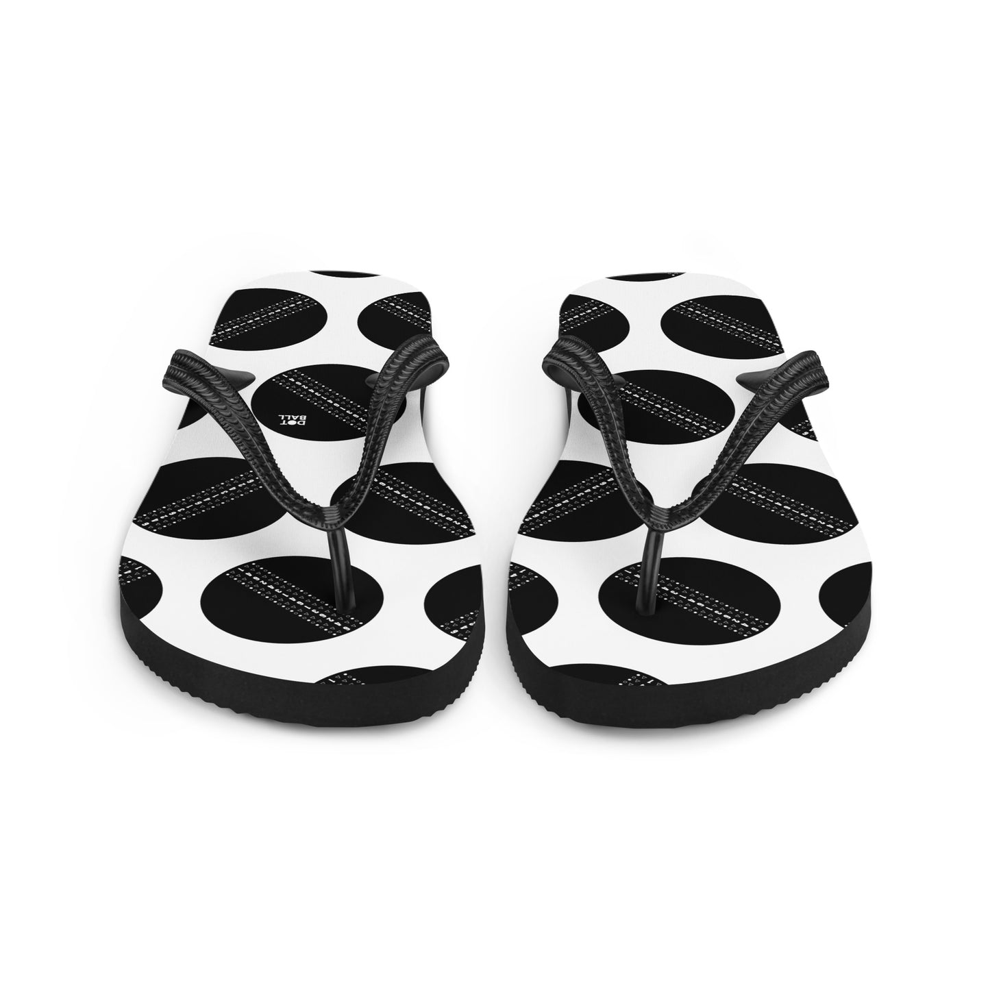 Black and white cricket ball flip flops