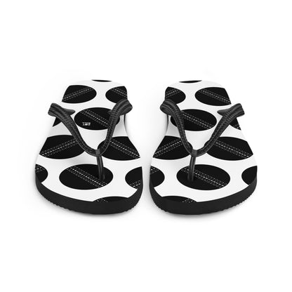 Black and white cricket ball flip flops