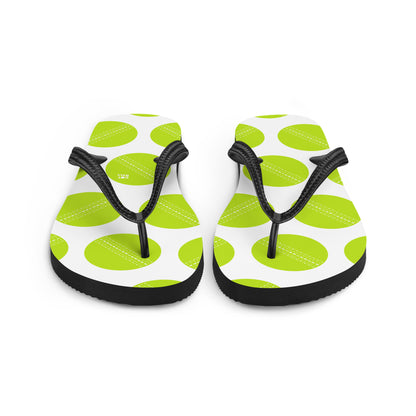 Green and black cricket ball flip flops