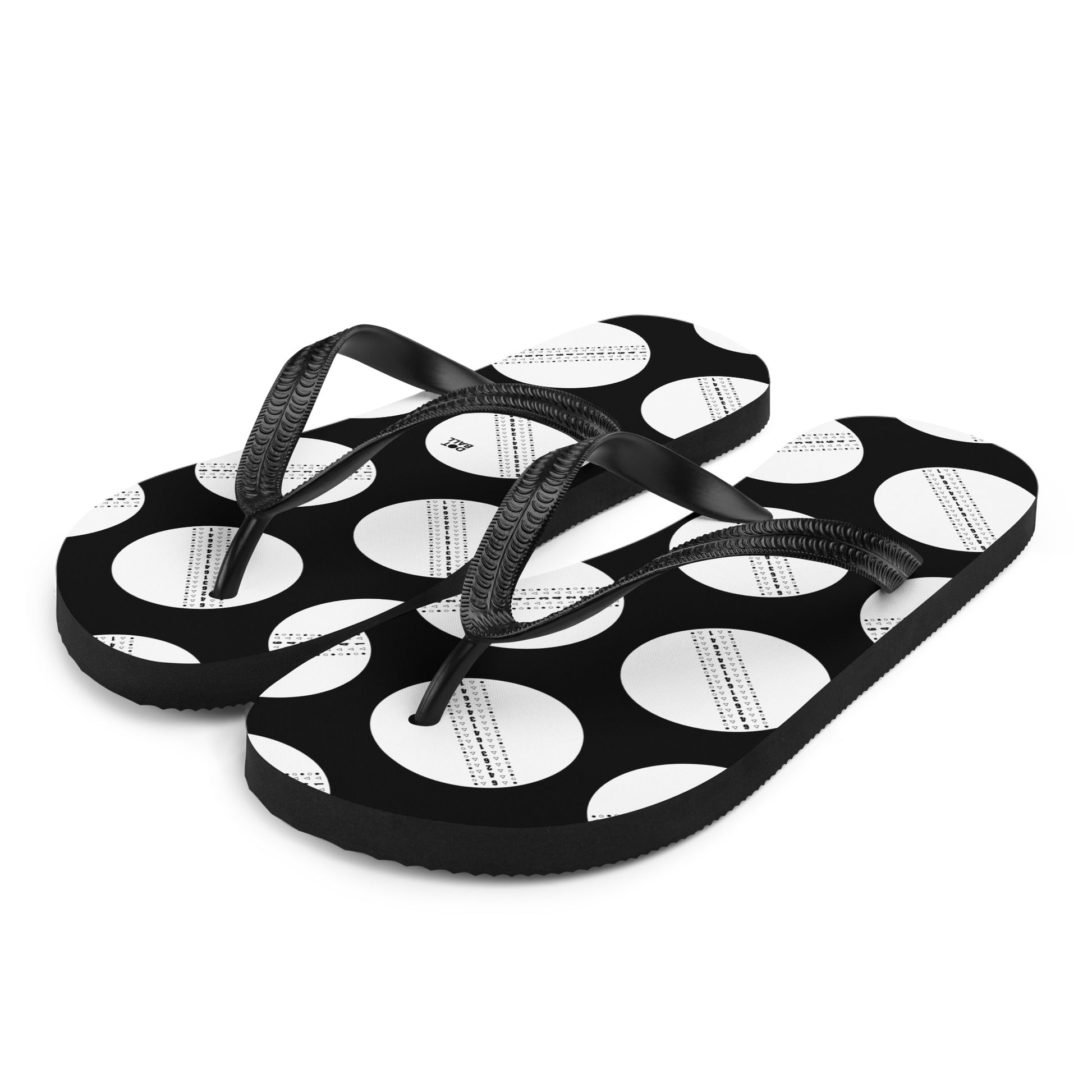 Black and white cricket ball flip flops