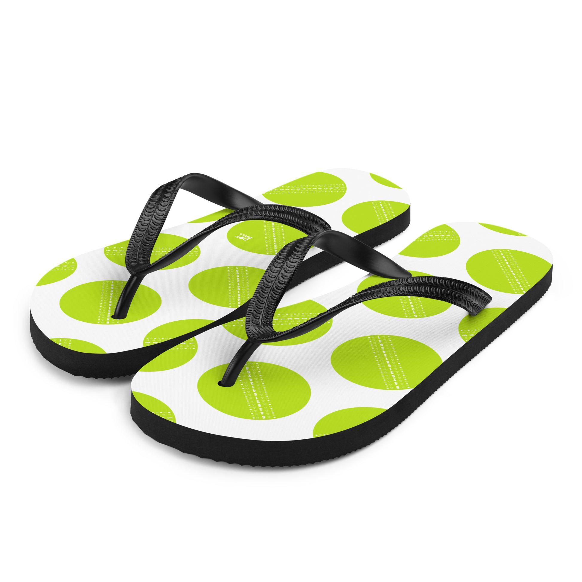 Green and black cricket ball flip flops