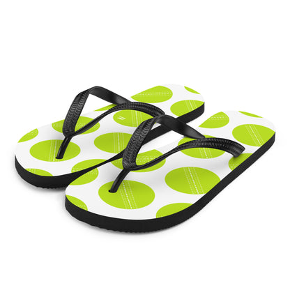 Green and black cricket ball flip flops