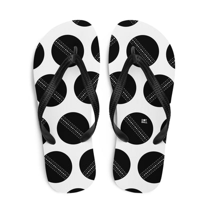Black and white cricket ball flip flops