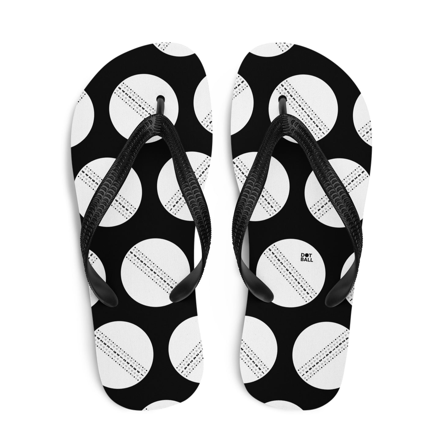 Black and white cricket ball flip flops