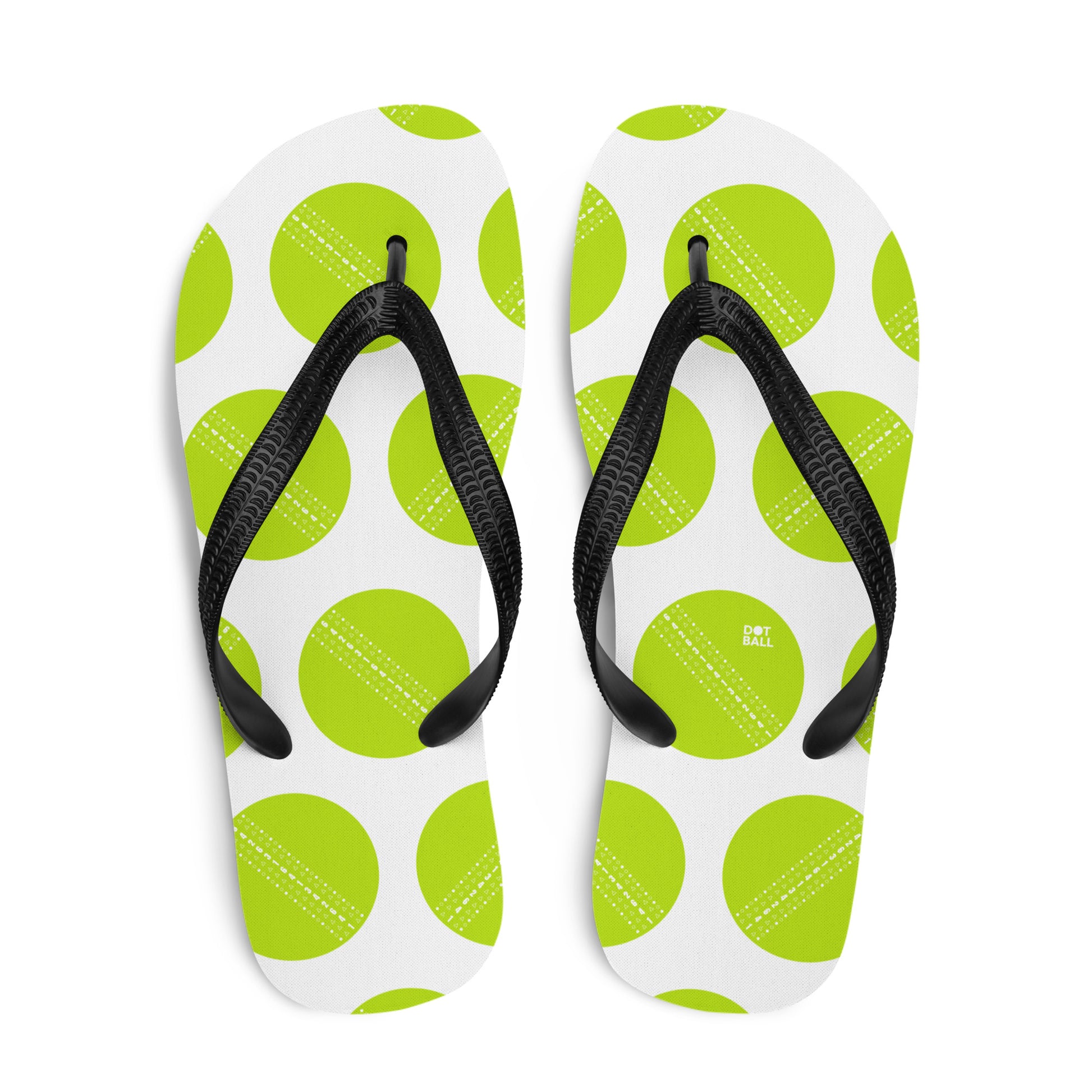 Green and black cricket ball flip flops
